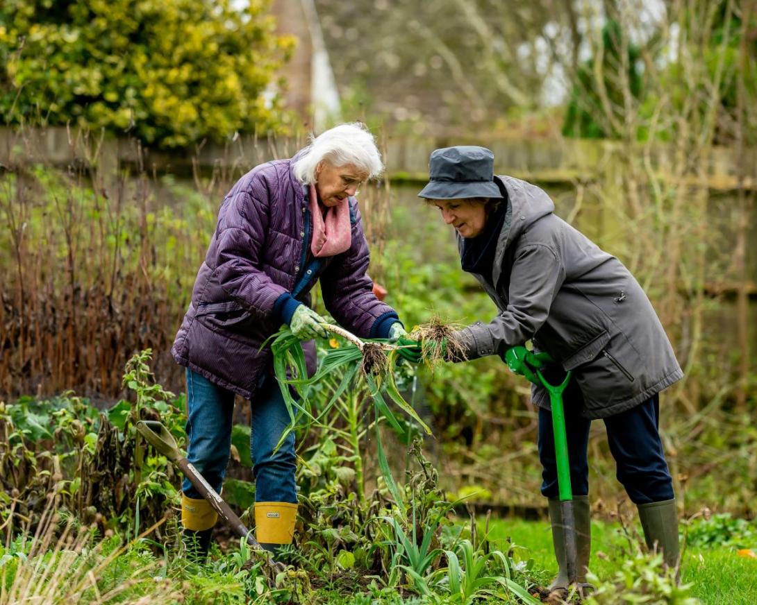 Twee oudere dames tuinieren